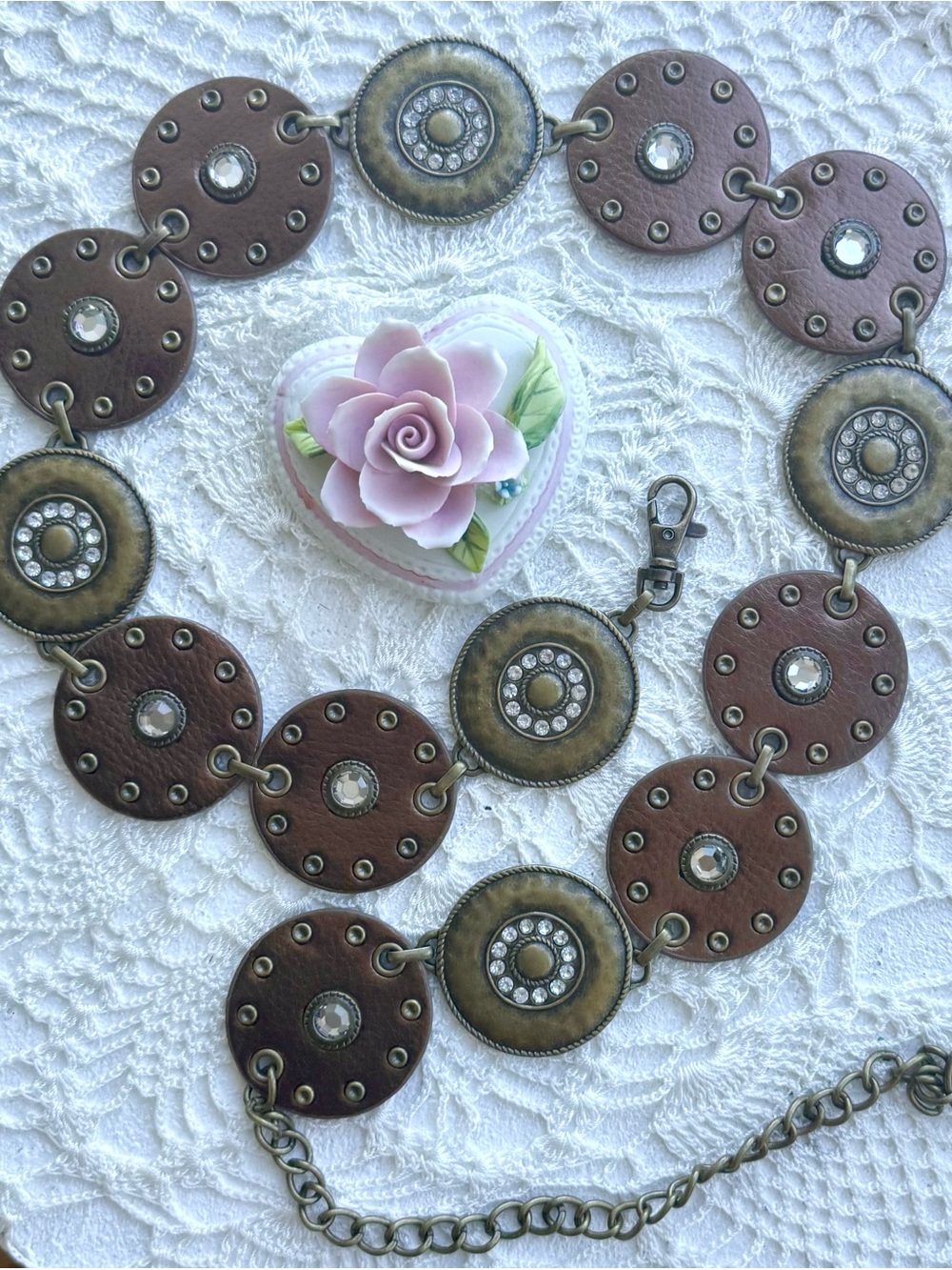 Vintage Y2K Brown Faux Leather Rhinestone Medallion Belt